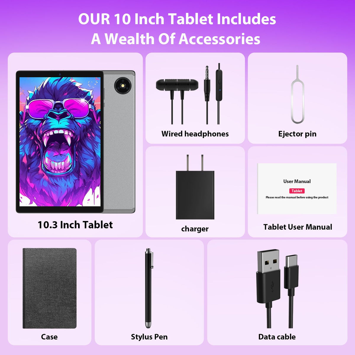 2026 Tablet with Keyboard,Stylus & Mouse, 10.3 Inch Android 13 Tablets, 2K IPS Screen, 19GB RAM 256GB (1TB TF), 8000mAh, 8-Core,8+13MP, 5G/2.4G WiFi,Tablets for Students, Adults, Play- Gray