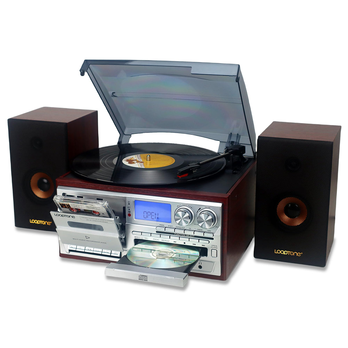 Vinyl Record Player with Dual 15W External Speakers 10 in 1 3 Speed Bluetooth Vintage Turntable CD Cassette Player AM/FM Radio USB Recorder Aux-in RCA Line-Out (Black)