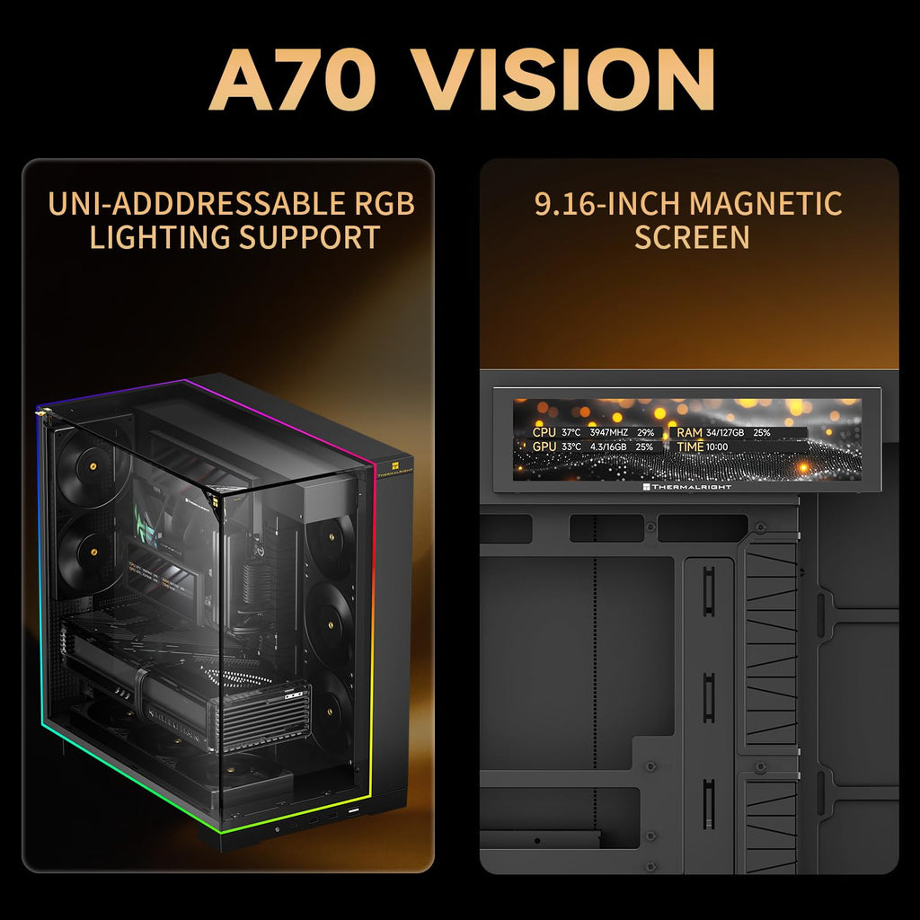Thermalright A70 Vision ATX Gaming case |Three Sides Without Stands,Panoramic Glass Panel |8 Fan Slots |Tower-Style Computer case |Equipped with Type-C Interface |Comes with a 9.16-inch LCD Display |