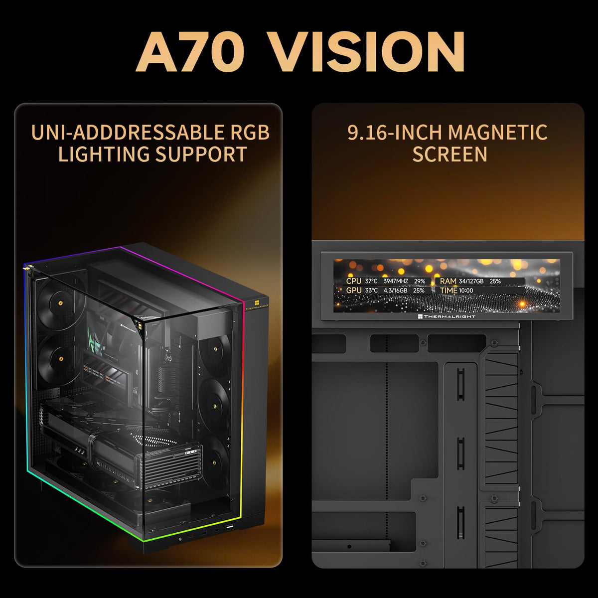 Thermalright A70 Vision ATX Gaming case |Three Sides Without Stands,Panoramic Glass Panel |8 Fan Slots |Tower-Style Computer case |Equipped with Type-C Interface |Comes with a 9.16-inch LCD Display |