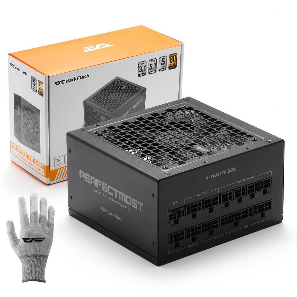 darkFlash PMT1250 Fully Modular Power Supply ATX 3.1& PCIe 5.1 Ready, 12VHPWR Cable Included, 100% Japanese 105°C Capacitors, 80 Plus Gold Gaming PSU, Compact 150mm Size, 5 Year Warranty(Black)