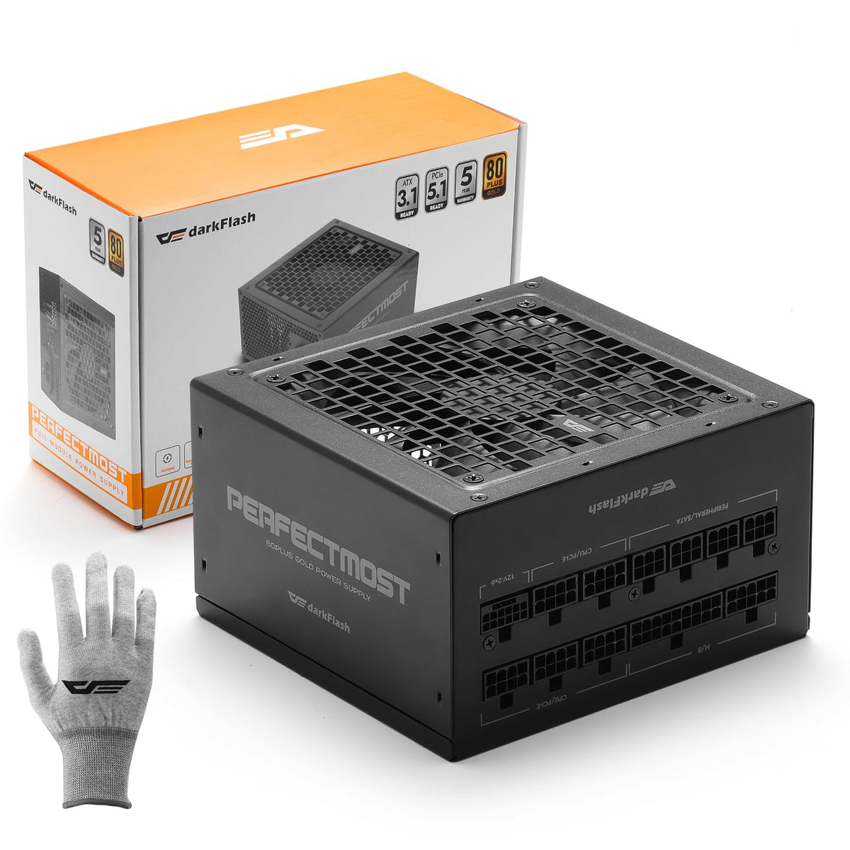 darkFlash PMT1250 Fully Modular Power Supply ATX 3.1& PCIe 5.1 Ready, 12VHPWR Cable Included, 100% Japanese 105°C Capacitors, 80 Plus Gold Gaming PSU, Compact 150mm Size, 5 Year Warranty(Black)