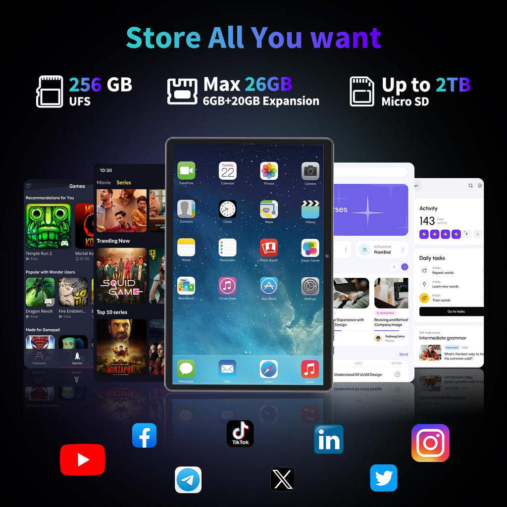 2026 10 Inch Tablet, Android 16 Tablet with Keyboard, 26GB+256GB+2TB Expand
