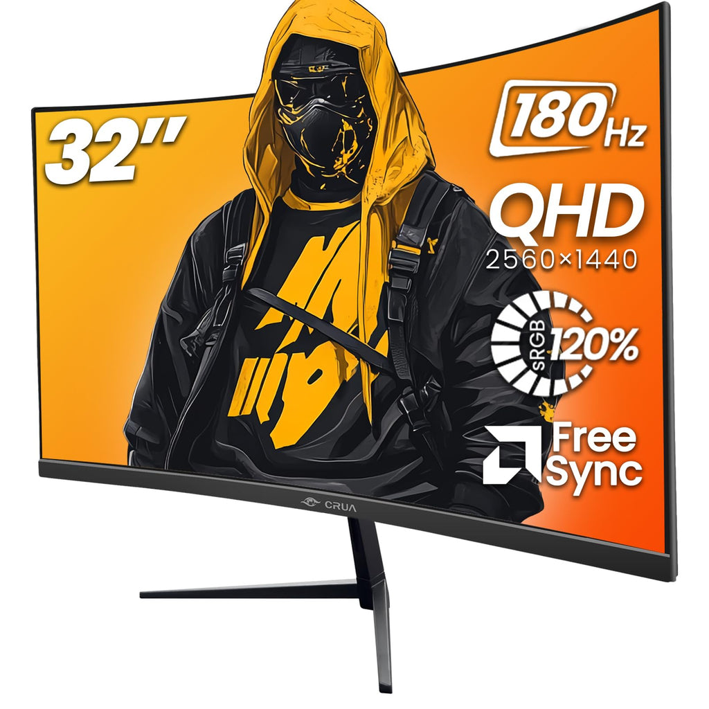 CRUA 32" 2K QHD 180Hz Curved Gaming Monitor, FreeSync, HDMI/DP, Black