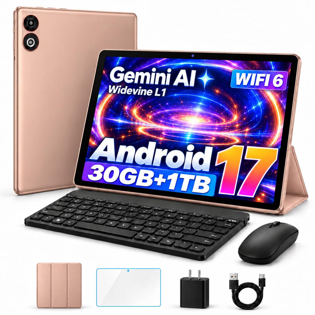 DMOAO Android 17 Tablet, 10.1 inch Tablet with Keyboard, Gemini AI, 30GB RAM+64GB ROM+1TB TF, WiFi 6, GMS, Widevine L1, Case Bundle, Gold