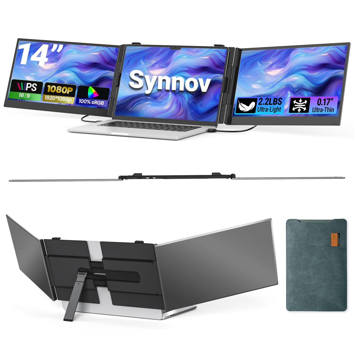Synnov 15.6“ Laptop Screen Extender, 1080P FHD Ultra Light & Portable Triple Monitor for Laptops, Fit for 12"-17.3" Laptops, Plug & Play Travel Monitor Extender Compatible with Wins/MacOS/Chrome