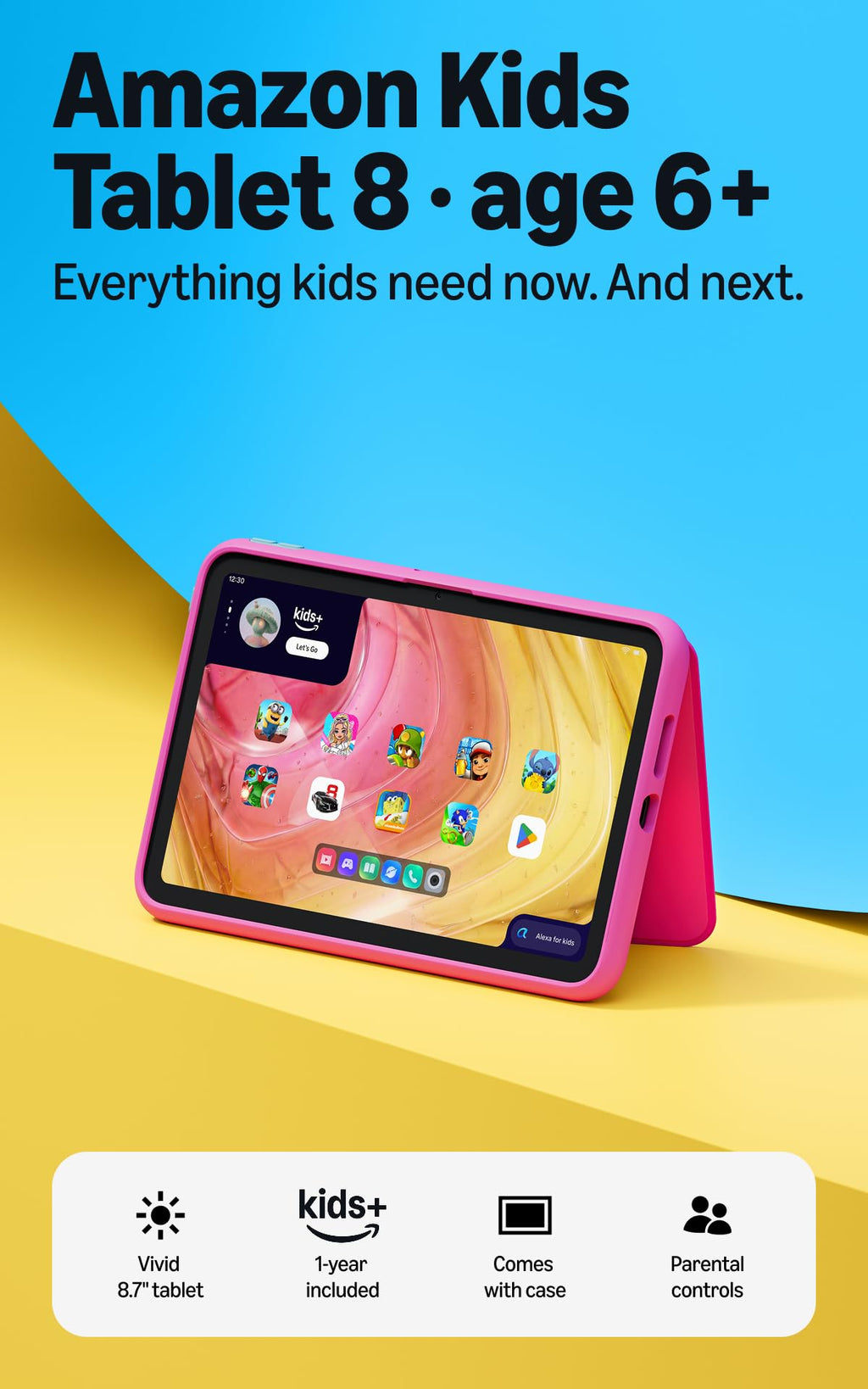 Amazon Kids Tablet 11 (newest model), Ages 6-12, 11" 2.5K display, 8GB RAM, Includes 1-year Kids+ content subscription, Parental controls, and Stellar Swirl slim hard case