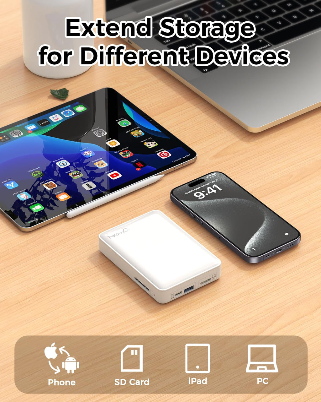 NEWQ 1TB External Hard Drive for iPhone, Android Phone & Computer Backup