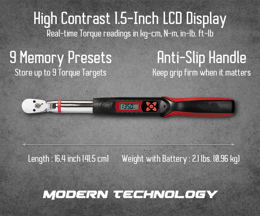 Tapha Tools 3/8 inch Flex-Head Digital Torque Wrench, 5-99.5 ft-lbs (6.8-135 N-m) Torque Range ±2% Accuracy, LED and Buzzer, Preset Memory, ISO 6789 Tested and Calibrated (DKF3N-T135BN)