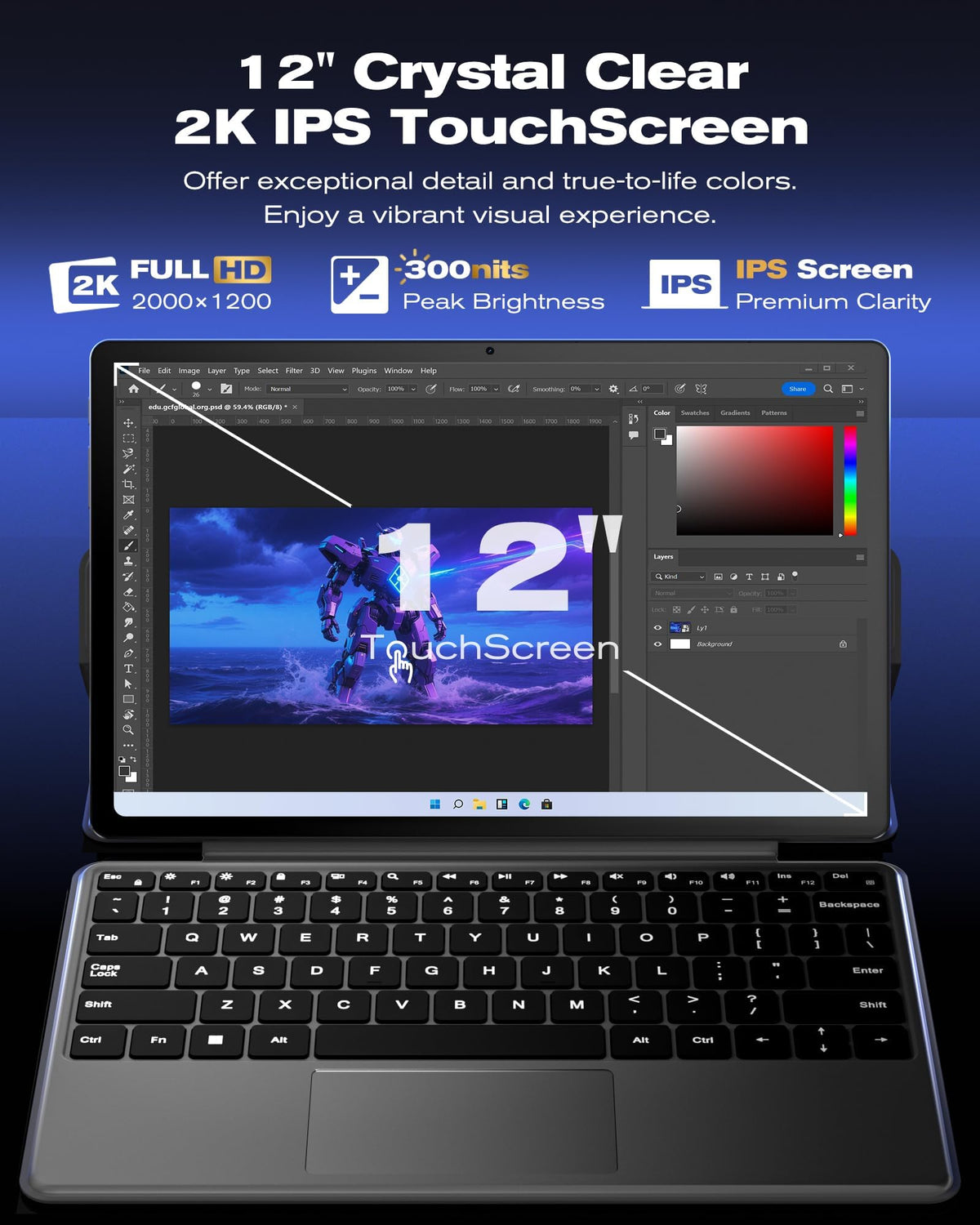 2-in-1 Laptop Tablet,12" 2K Touchscreen, N5095 Processor,12GB RAM 512GB SSD