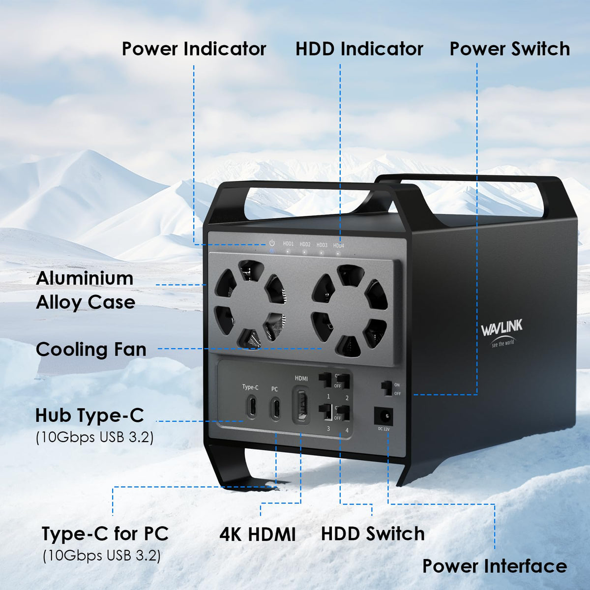 WAVLINK 4-Bay Hard Drive Enclosure for 3.5" and 2.5'' SATA HDD/SSD Featuring 10Gbps USB-C 3.2, Max 128TB Capacity, Built-in Temp-Controlled Cooling Fans, 4K HDMI Stunning Video Output, Aluminum Shell