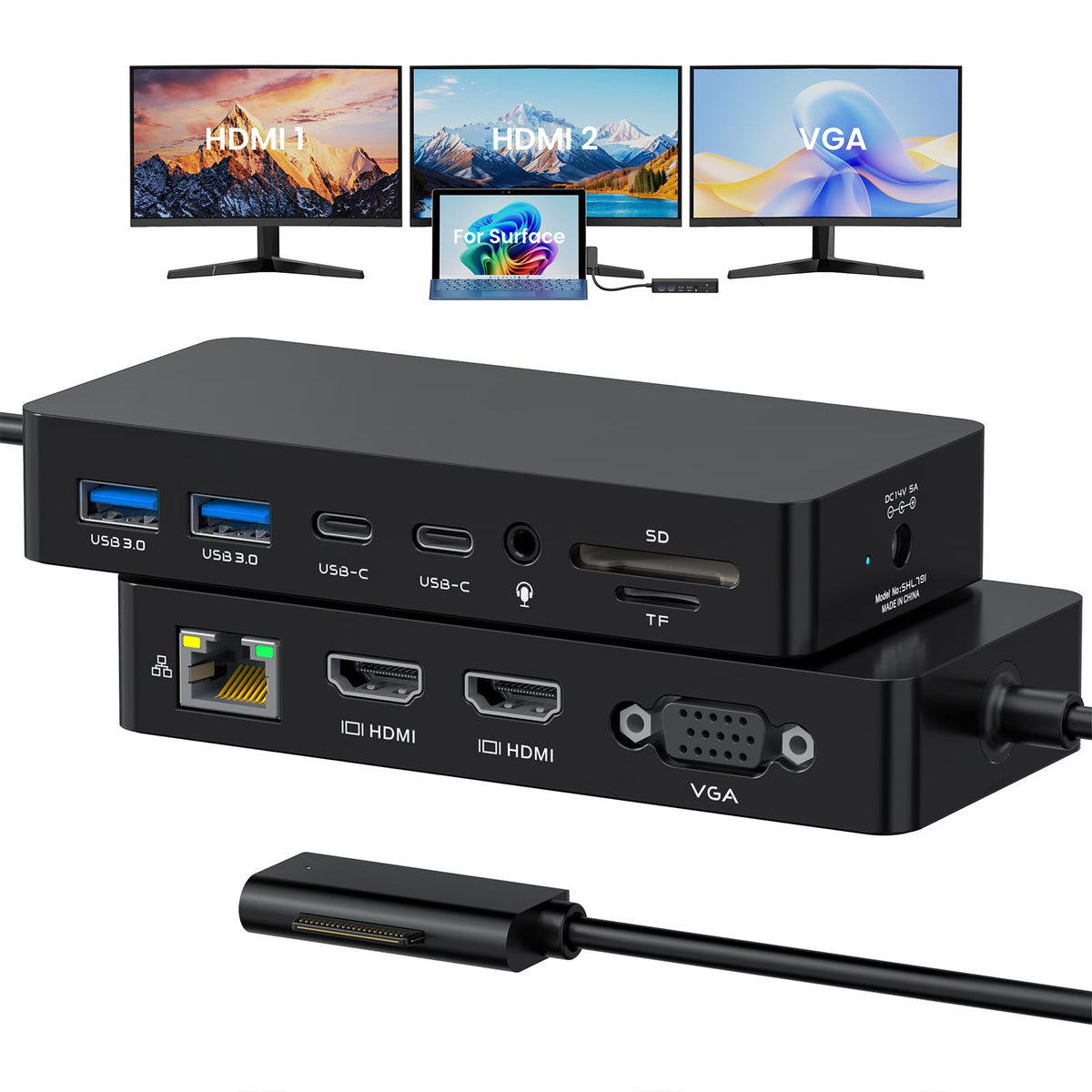 Surface Docking Station Triple Displays Dual 4K HDMI+VGA with Power Supply
