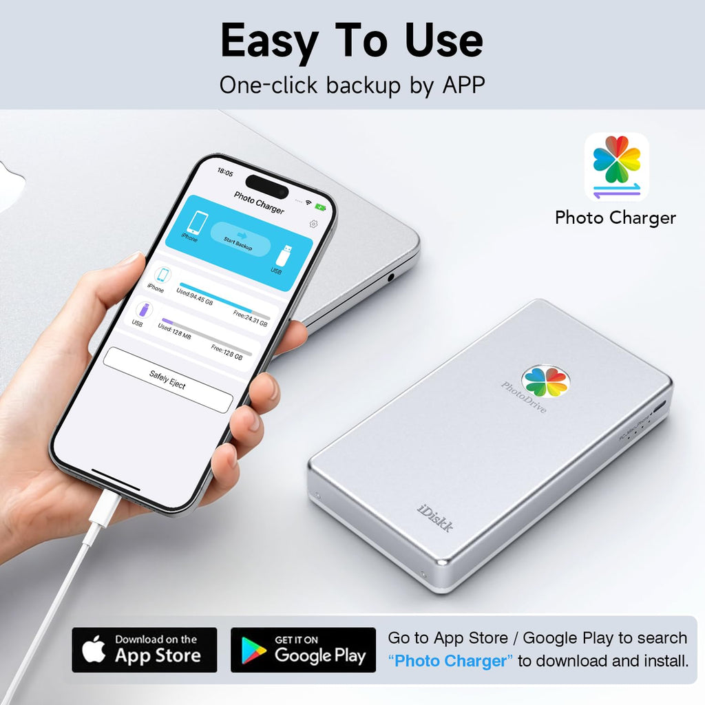 iDiskk 1TB External Hard Drive USB Photo Memory Stick for Phone Mac PC | Plug and Play with Dedicated app, Cross-Device File Transfer, Portable Photo Backup, Compatible with iOS, Windows & Mac