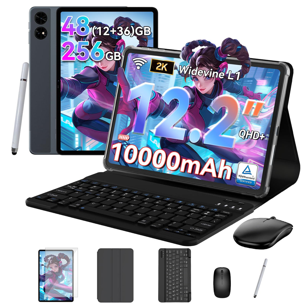 T60 12 Inch Android 16 Gaming Tablet, 48GB RAM (12+36GB Expandable) 256GB ROM (2TB TF), 2.4K 90Hz Eye-Care Display, Octa-Core 2-in-1 Tablet with Keyboard, Mouse, Stylus, 10000mAh Battery, Grey