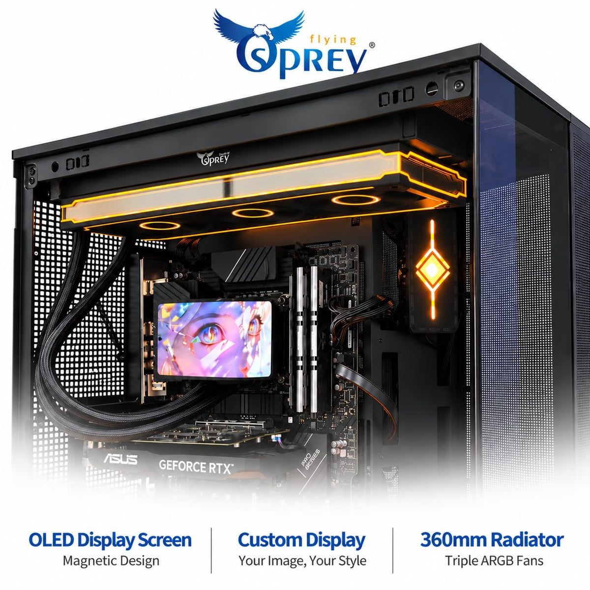 Osprey 360mm AIO CPU Cooler, Curved OLED Screen, ARGB, Intel & AMD, Black
