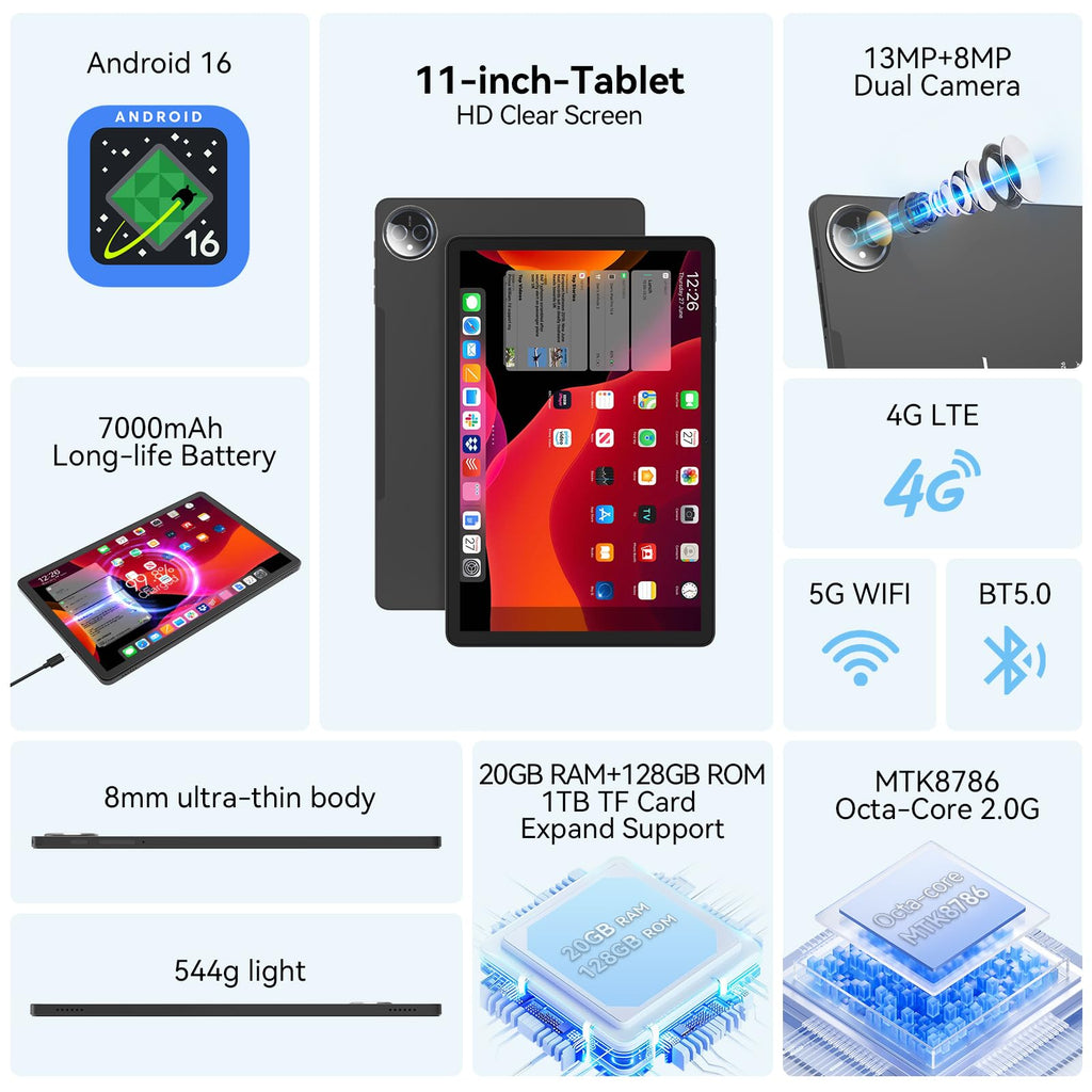 Tablet 11 inch Android 16 Tablet 2026 Latest Update Octa-Core 128GB+20GB