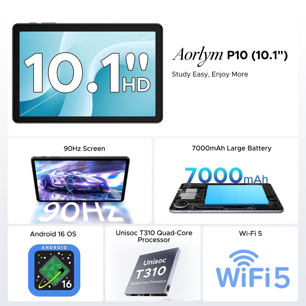 P10 Android 16 Tablet, 10 Inch Tablet, 48GB RAM+128GB ROM/2TB TF, Gemini AI, 90Hz Display, 7000mAh, OTG, 5G WiFi, Face ID, OTG, GPS, 3.5mm Jack, Widevine L1, Tablets with Keyboard