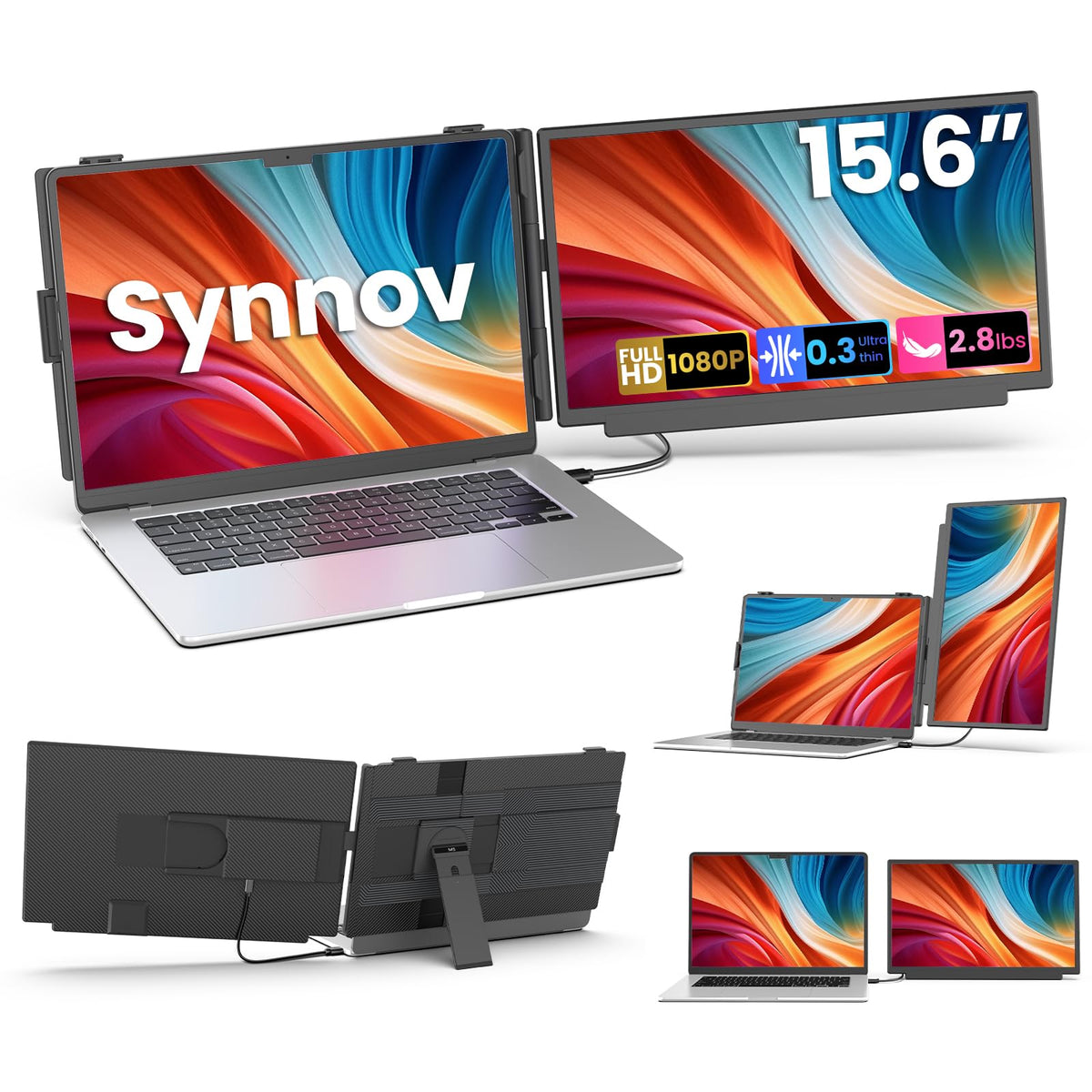 Synnov 15.6“ Laptop Screen Extender, 1080P FHD Ultra Light & Portable Triple Monitor for Laptops, Fit for 12"-17.3" Laptops, Plug & Play Travel Monitor Extender Compatible with Wins/MacOS/Chrome