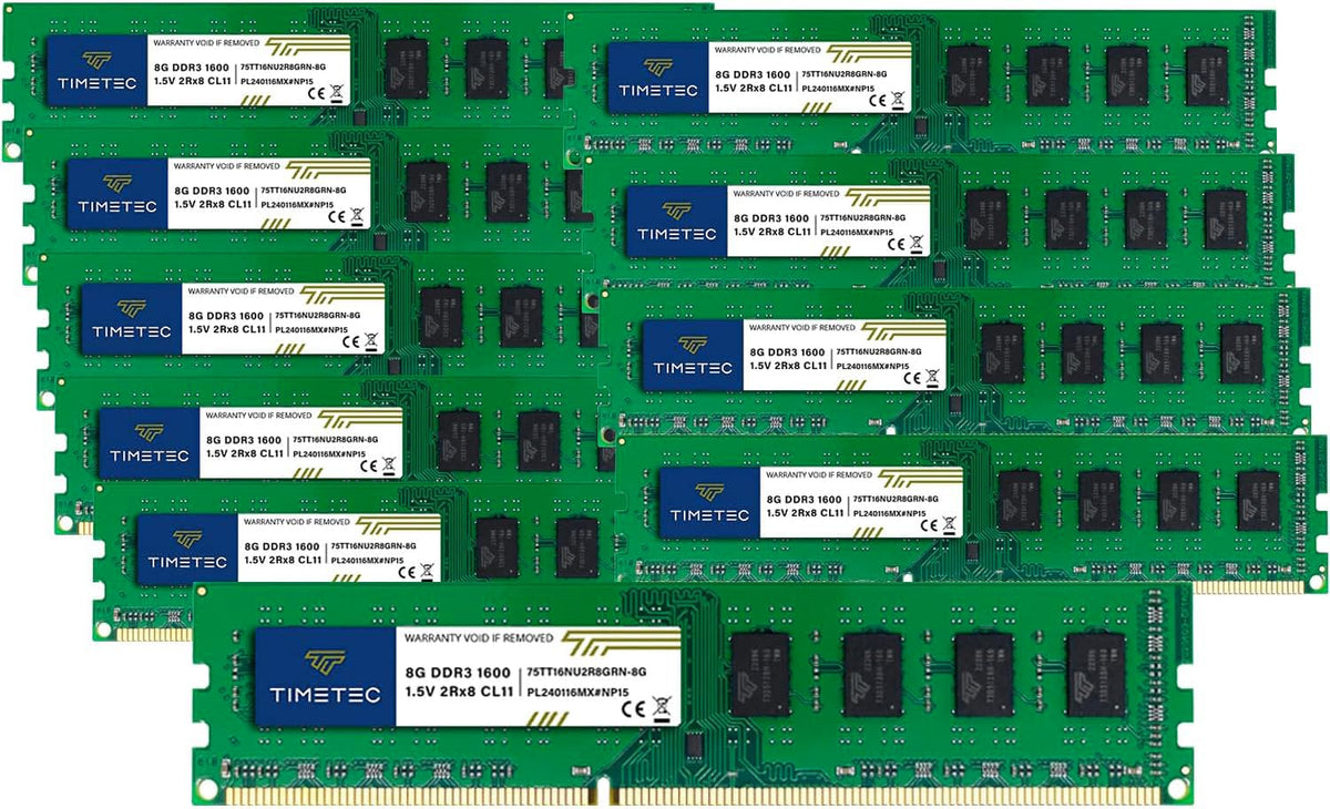 Timetec 80GB KIT(10x8GB) DDR3 1600MHz (DDR3-1600) PC3-12800 (PC3-12800U) Non-ECC Unbuffered 1.5V CL11 2Rx8 Dual Rank 240 Pin UDIMM Desktop PC Computer Memory RAM(SDRAM) Module Upgrade