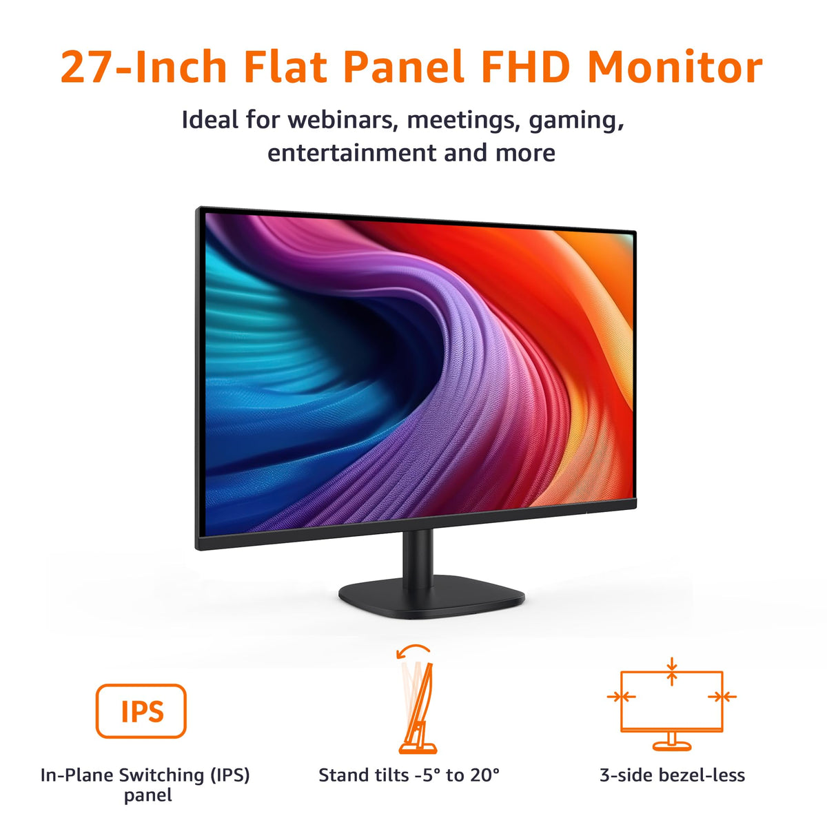Amazon Basics 27 Inch Monitor, FHD 1080P, 100Hz, IPS, Built-in Speakers, VESA Compatible, USB Ports, Black
