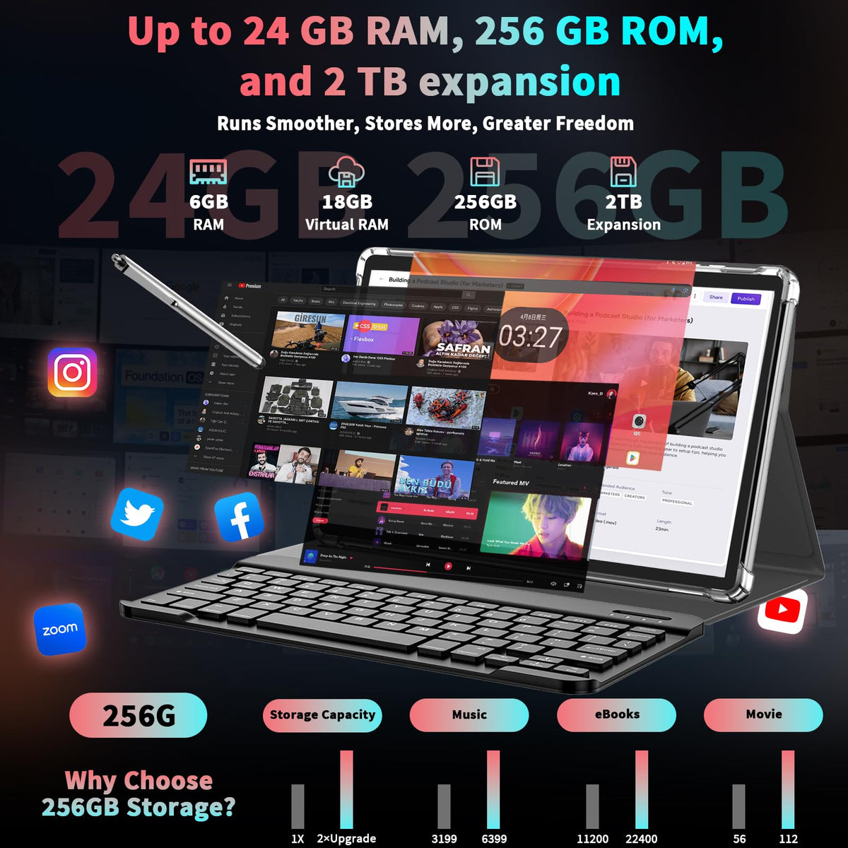 10 inch Tablet with Keyboard - Android 16 Tablet with 24GB+256GB+2TB Expand