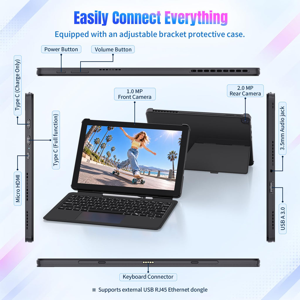2 in 1 Laptop 10.1" Win11 Pro Tablet PC with Keyboard & Stylus Pen