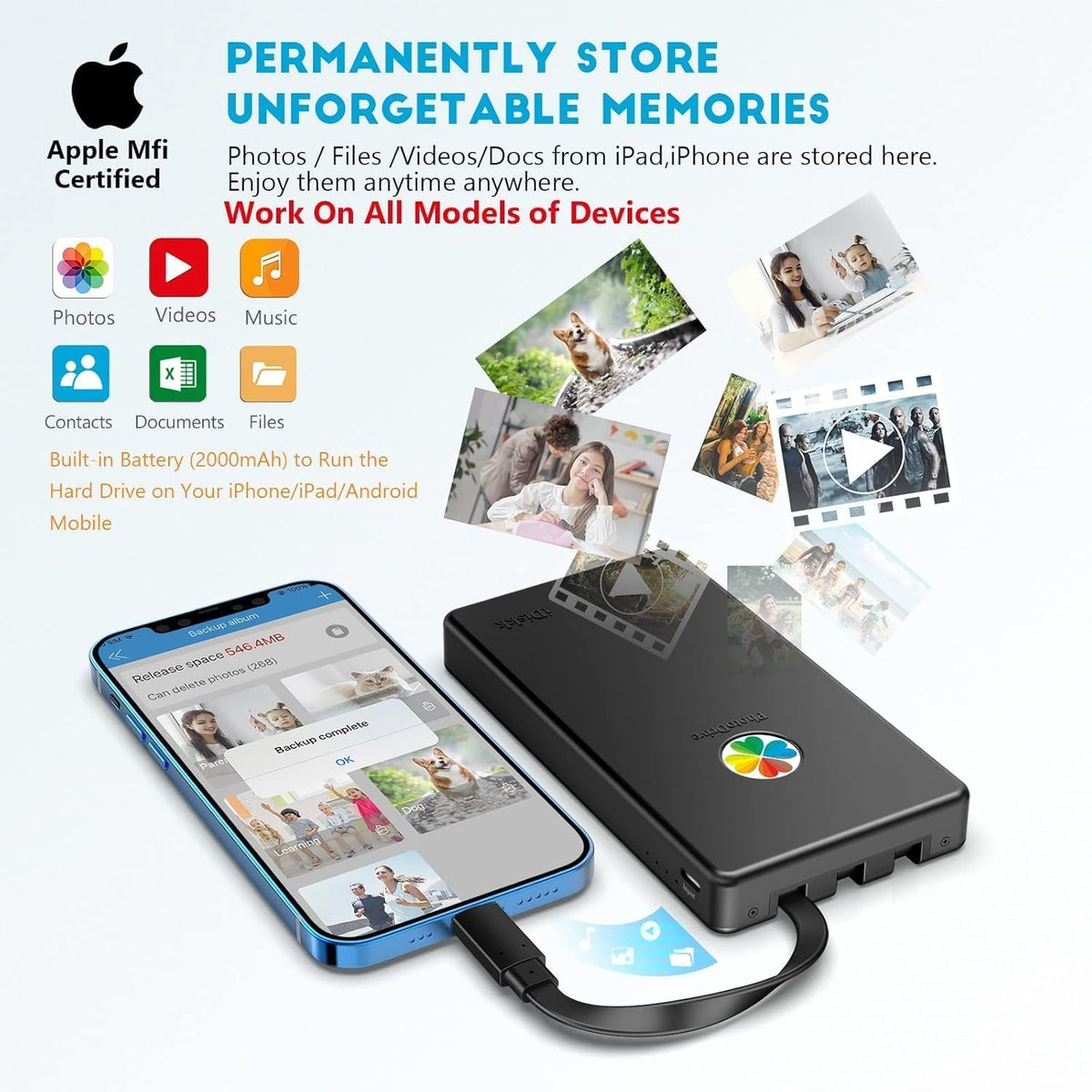 iDiskk App-le Certified 1TB External Hard Drive for iPhone18/17/16/15, iPad & MacBook Backup Photos, Videos, Music & Docs Compatible with iOS & Android Portable Storage for All Your Digital Files