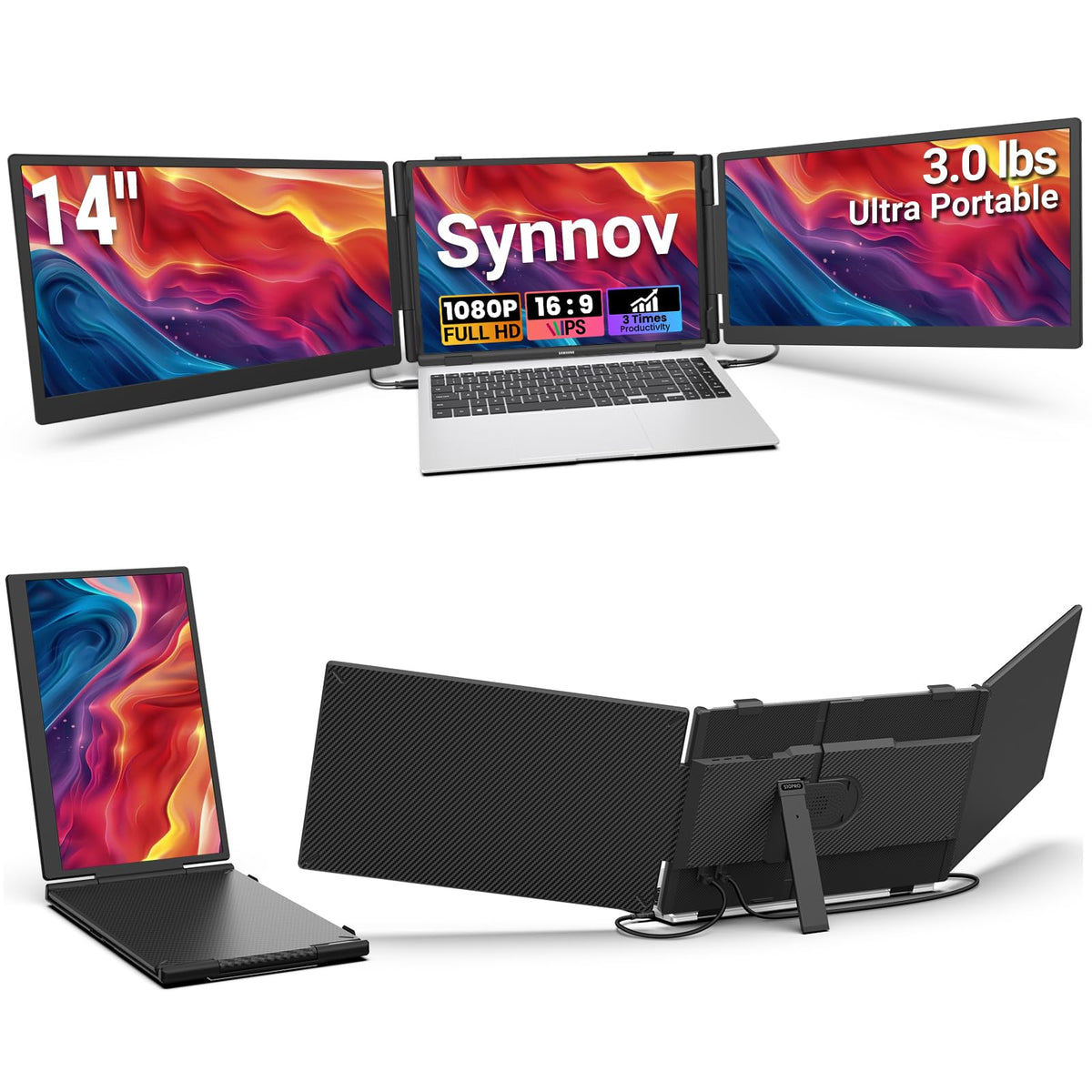 Synnov 15.6“ Laptop Screen Extender, 1080P FHD Ultra Light & Portable Triple Monitor for Laptops, Fit for 12"-17.3" Laptops, Plug & Play Travel Monitor Extender Compatible with Wins/MacOS/Chrome