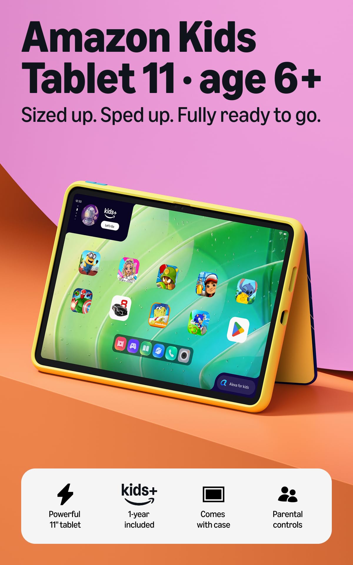Amazon Kids Tablet 11 (newest model), Ages 6-12, 11" 2.5K display, 8GB RAM, Includes 1-year Kids+ content subscription, Parental controls, and Stellar Swirl slim hard case