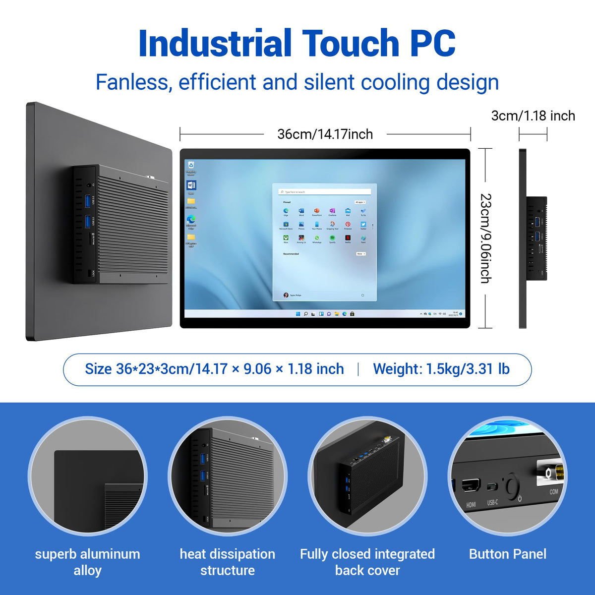 15.6" Industrial Touch Panel Monitor All-in-One Tablet PC, Open Frame Display Win 11 Pro Fanless Computer with Celeron N5095 8GB RAM 128GB ROM, 1920*1080 IPS, VESA Mount for Kiosk Automation POS