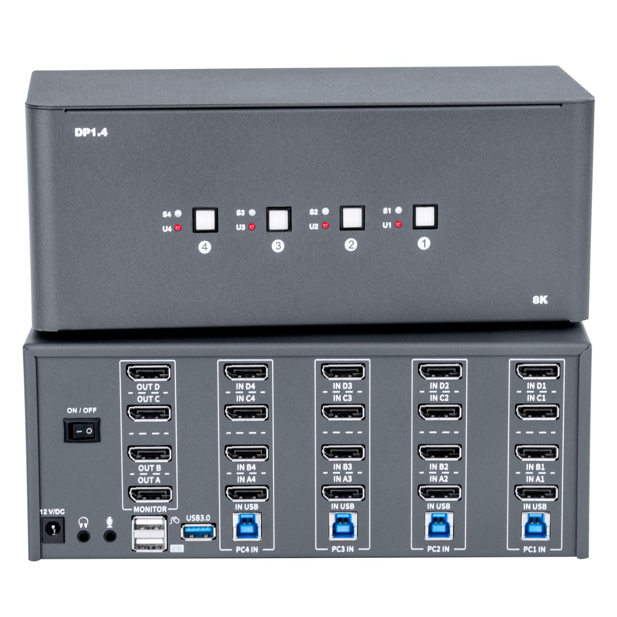 KVM Switch 4 Monitors 4 Computers, 8k Displayport Switch with USB 3.0, Jack, 4 Computers Share a Set of Keyboard, Mouse, Support Windows/Mac/Linux (Quad Monitor)