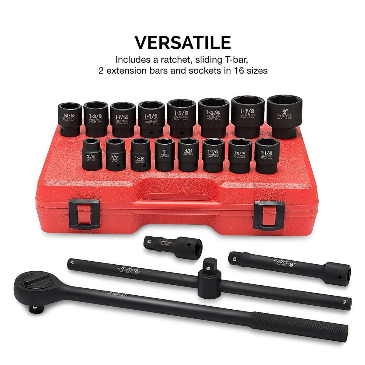 NEIKO 02379A 3/4" Drive Jumbo Impact Socket Set | 21 Piece | Shallow | SAE | Sizes 3/4” to 2” | Cr-V Steel