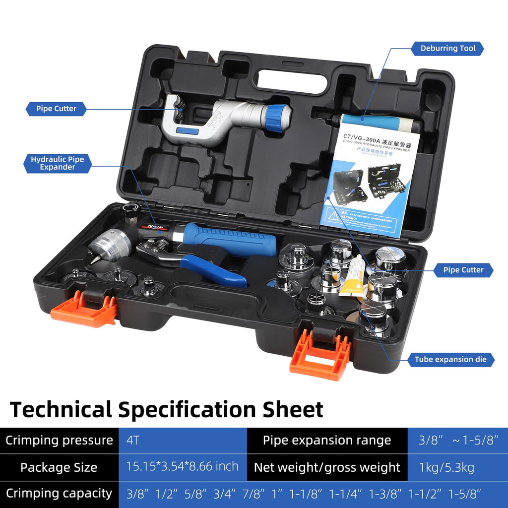 CT-300 A Hydraulic Tube Expander Compact Swaging Tool Kit with Tube Cutter, Deburring Tool and 11 Expander Heads for 3/8 to 1-1/8 Inches Copper Pipes HVAC Expander Tools (3/8“~1-1/8”)