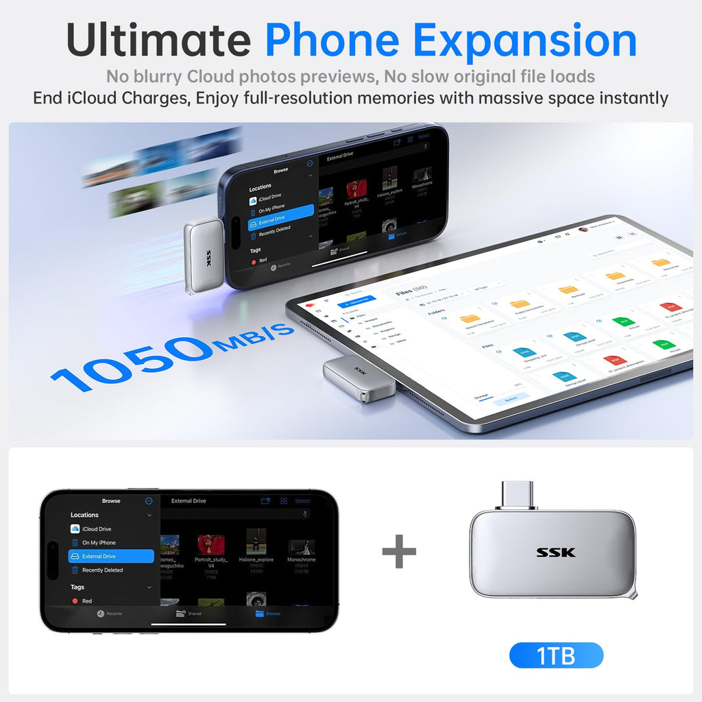 SSK USB-C Drive 1TB Portable SSD External Solid State Drive Up to 1050MB/s