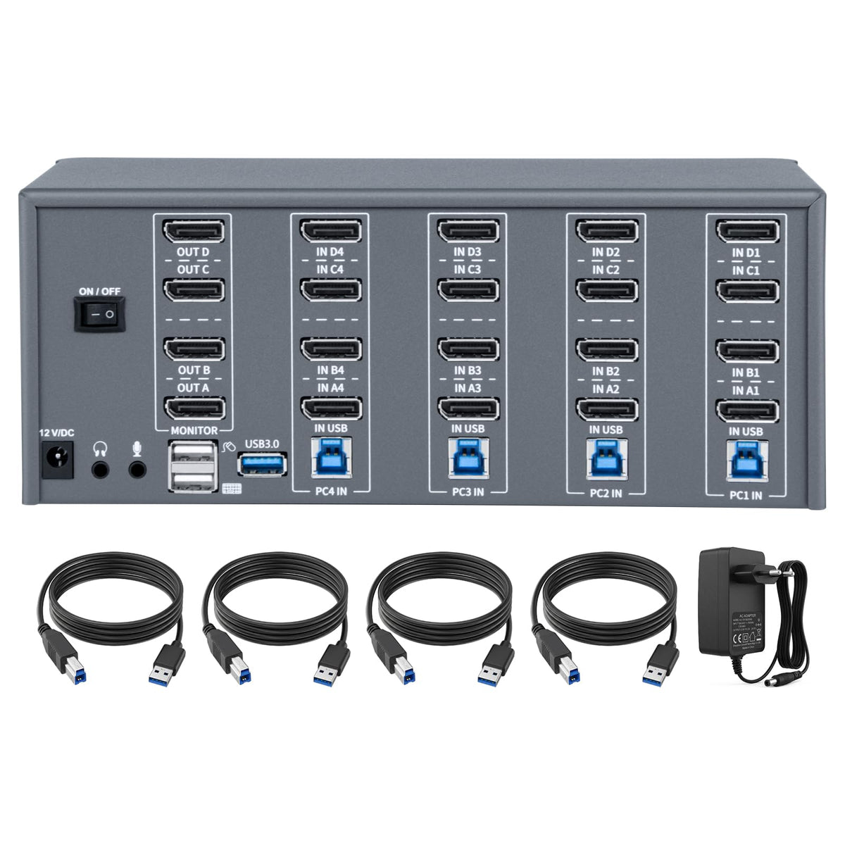 KVM Switch 4 Monitors 4 Computers, 8k Displayport Switch with USB 3.0, Jack, 4 Computers Share a Set of Keyboard, Mouse, Support Windows/Mac/Linux (Quad Monitor)