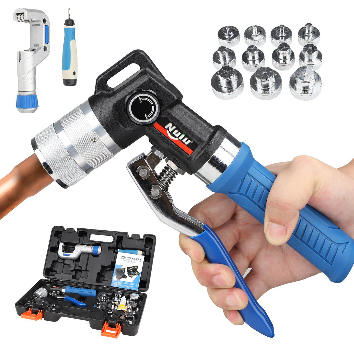 CT-300 A Hydraulic Tube Expander Compact Swaging Tool Kit with Tube Cutter, Deburring Tool and 11 Expander Heads for 3/8 to 1-1/8 Inches Copper Pipes HVAC Expander Tools (3/8“~1-1/8”)