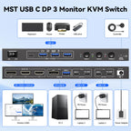 USB C DP KVM Switch 3 Computers 3 Monitors,4K/1080P@60Hz MST KVM Switch for 1 PC&2 Laptop Share 3 Monitor with 4 USB3.0 Devices,PD for Laptop, USB Cables and Power Adapter(4K USB C DP 3 in 3 Out KVM)