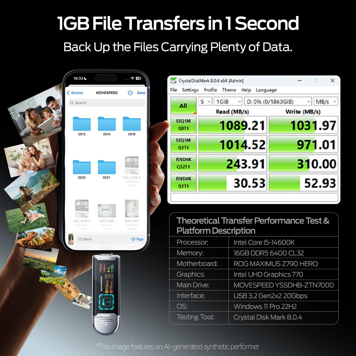 MOVE SPEED 1TB Solid State Drives with Smart Display 1090MB/s USB 3.2 Gen2 and Type C with Dual Ports for ProRes 4K Video iPhone 18/17/16/15, Android Phone, Windows, Mac