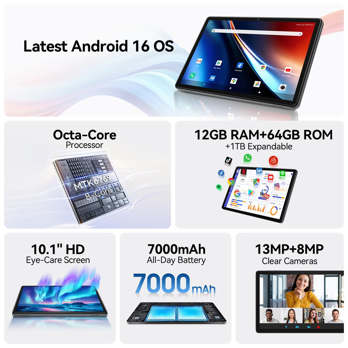 10.1 Inch Android 16 Tablet, 12GB + 64GB, Helio G80 for Home Use, WiFi