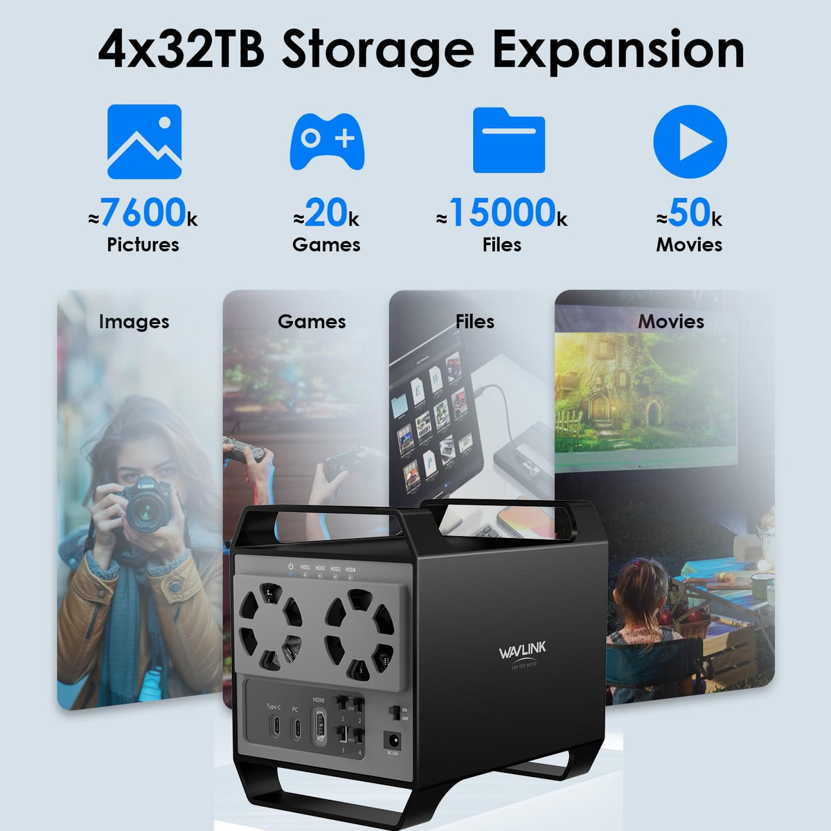 WAVLINK 4-Bay Hard Drive Enclosure for 3.5" and 2.5'' SATA HDD/SSD Featuring 10Gbps USB-C 3.2, Max 128TB Capacity, Built-in Temp-Controlled Cooling Fans, 4K HDMI Stunning Video Output, Aluminum Shell