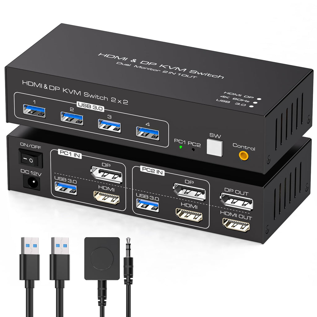 USB C KVM Switch Docking Station for 2 Montors 2 Laptops or MacBook with Displaylink,14-in-1 Thunderbolt Docking Station Support Extended/Copy Mode with 4K@60Hz HDMI and Displayport Dual Display Out