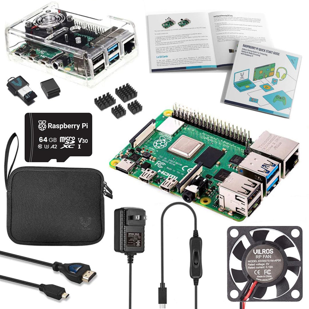 Vilros Raspberry Pi 4 Complete Starter Kit- Includes Raspberry Pi 4 Board, Fan Cooled Case, 64GB Preloaded Micro SD Card and More (8GB, Clear Transparent Case)
