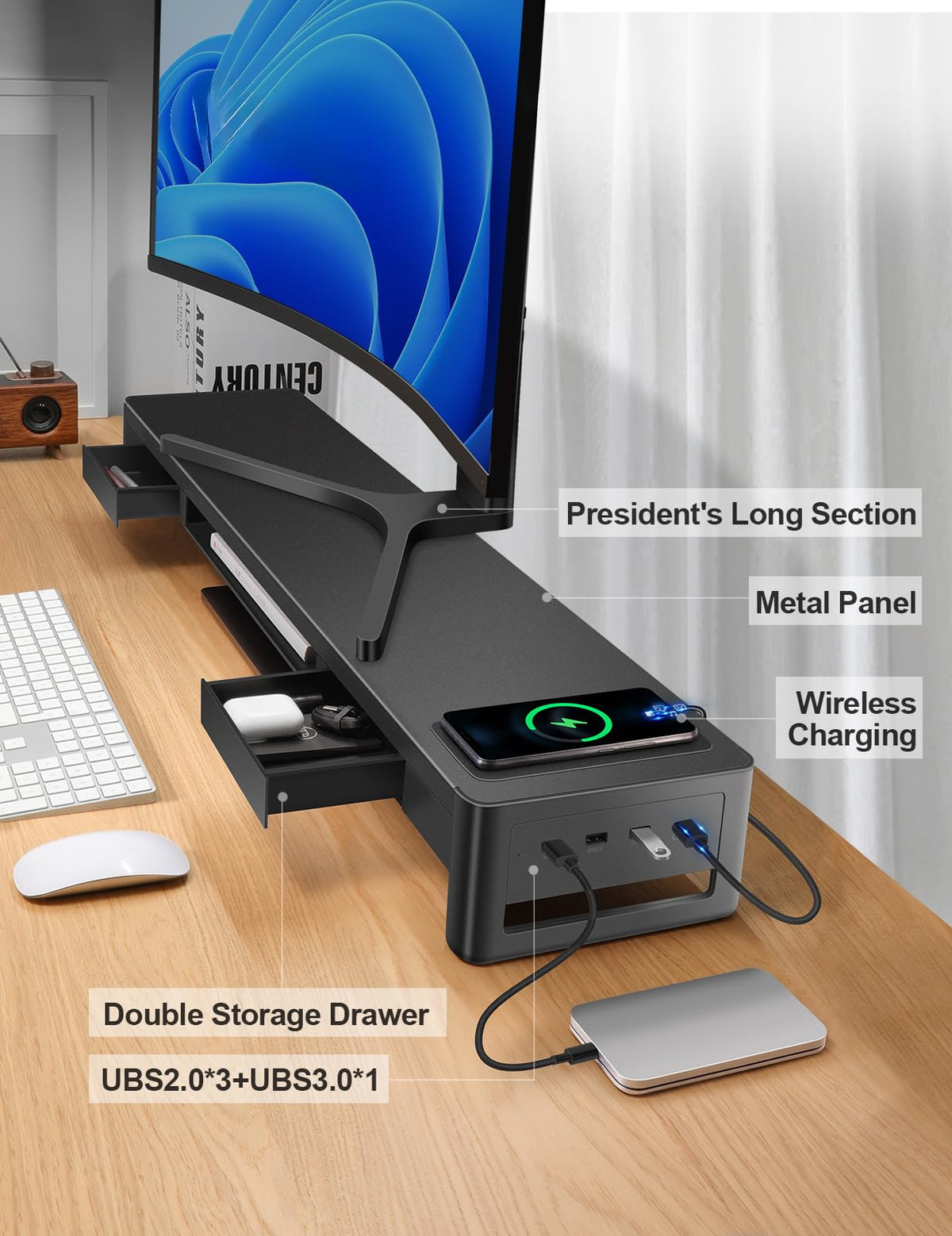 Dual Monitor Stand Riser with 2 Drawers,4 USB Ports and Charging Pad,Metal Monitor Stand for 2 Monitors Supports Transfer Data and Charging,Desk Organizer for PC,iMac(38.7 inches)