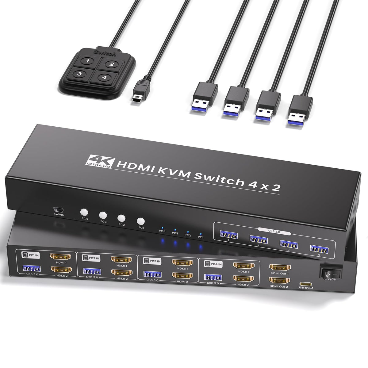 USB 3.0 Three Monitor HDMI KVM Switch, 4K60Hz 4 Port HDMI KVM Switch 3 Monitors 4 Computers, 4 PC Share 1 Set of Keyboard, Mouse, 3 Monitors and 4 USB 3.0 Ports
