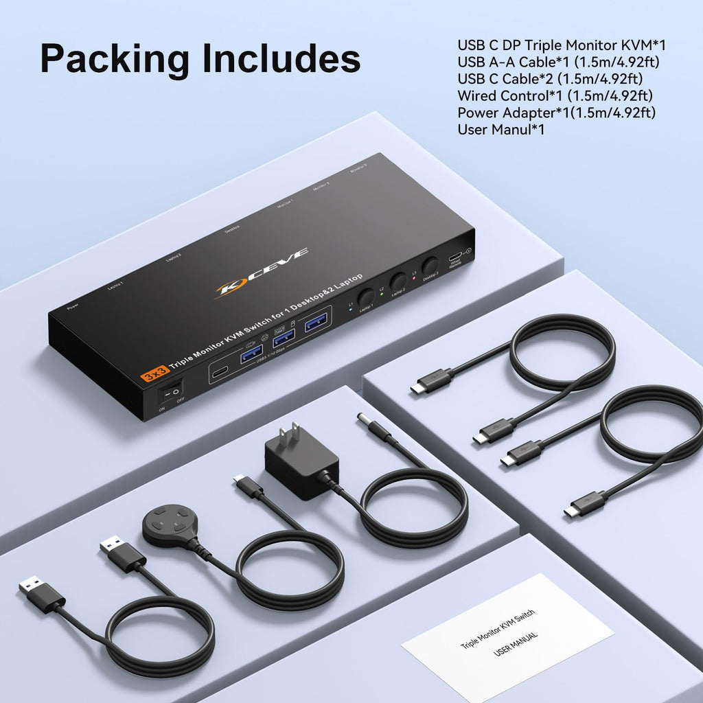 KVM Switch 3 Monitors 3 Computers USB C, KVM Switch for 2 Laptops&1 Desktop