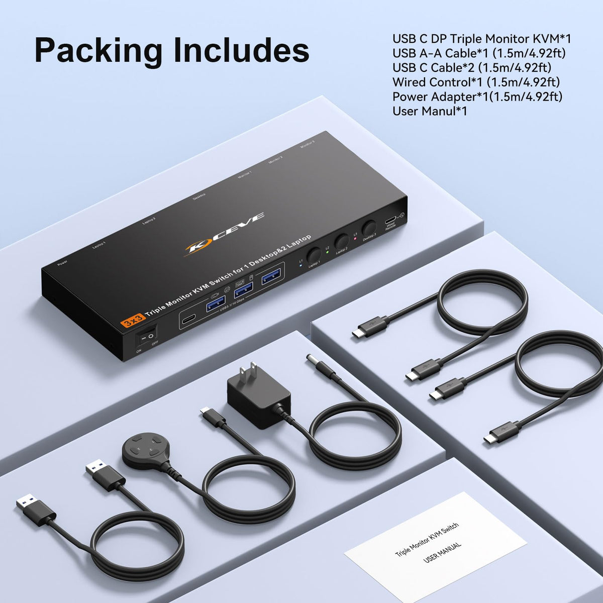 KVM Switch 3 Monitors 3 Computers USB C, KVM Switch for 2 Laptops&1 Desktop