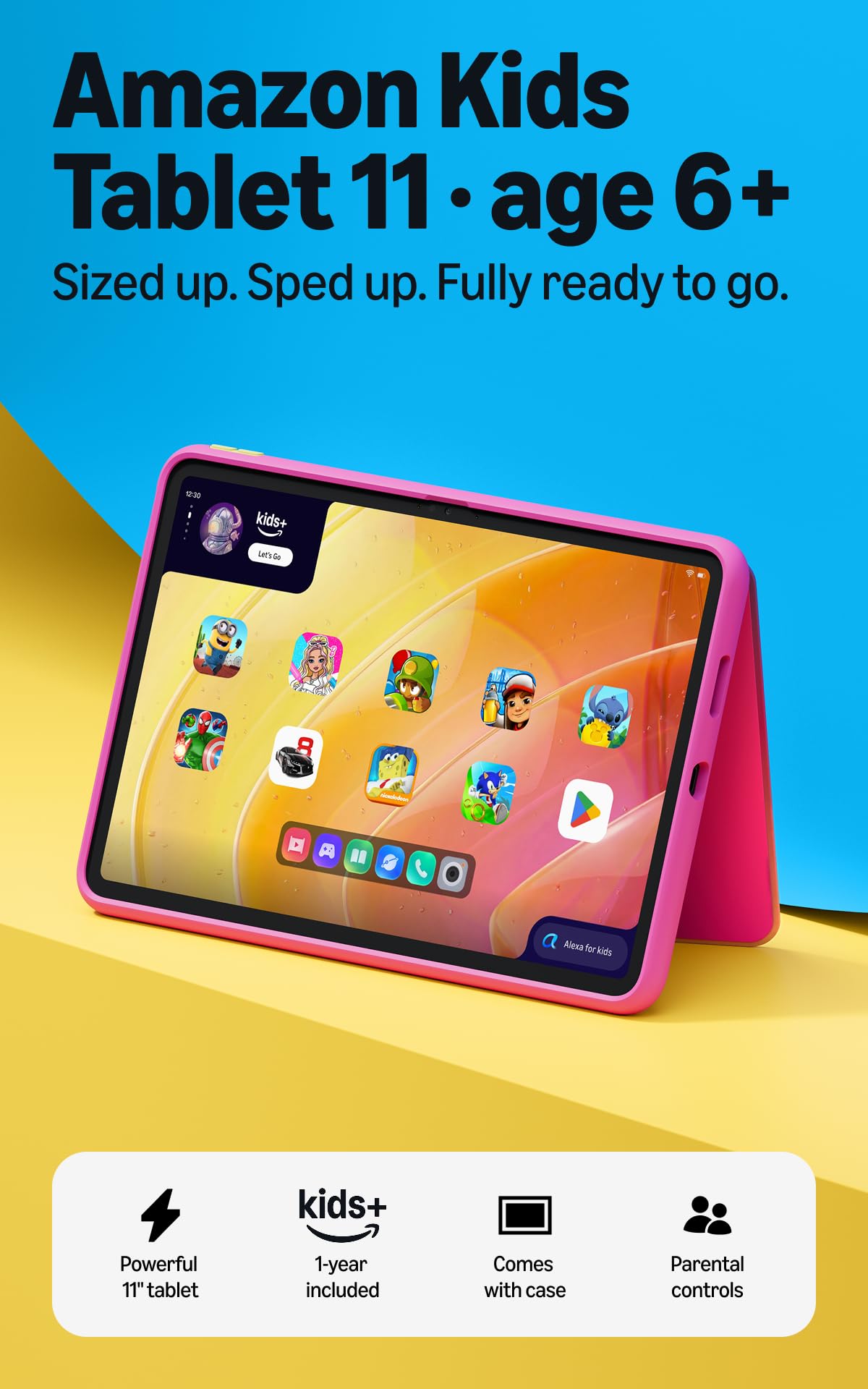 Amazon Kids Tablet 11 (newest model), Ages 6-12, 11" 2.5K display, 8GB RAM, Includes 1-year Kids+ content subscription, Parental controls, and Stellar Swirl slim hard case