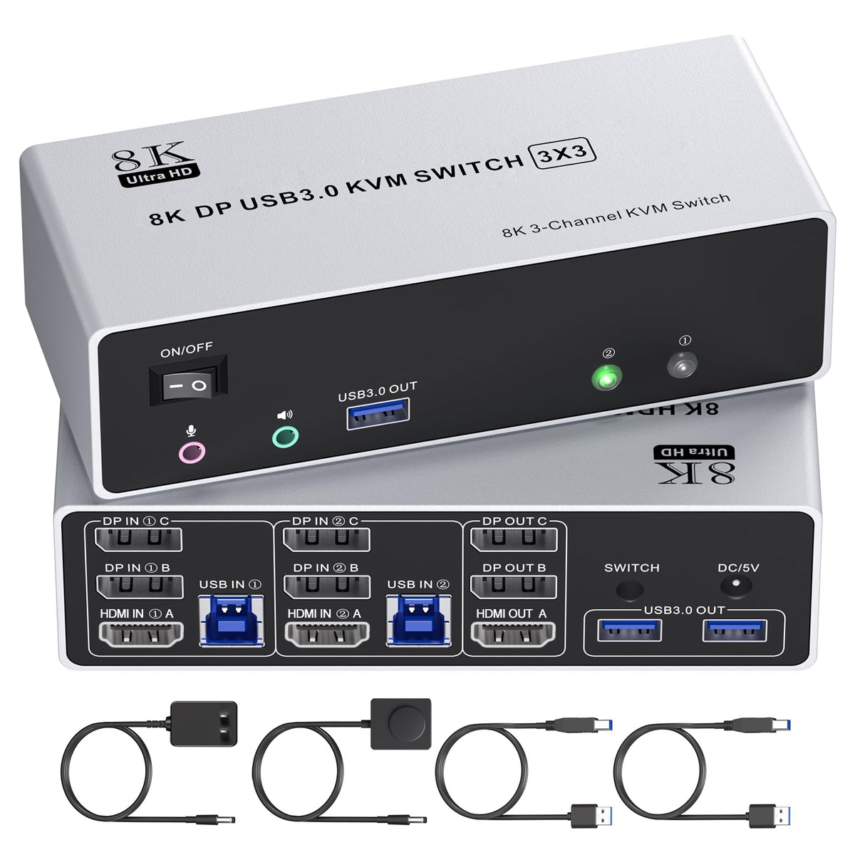 HDMI + DP KVM Switch 3 Monitors 5 Computers, 2K240Hz/8K60Hz/4K120 Triple Monitor KVM Switches for 5 Computers Sharing 3 Monitors, Keyboard and Mouse Audio,with USB Cables,Controller and Power Adapter