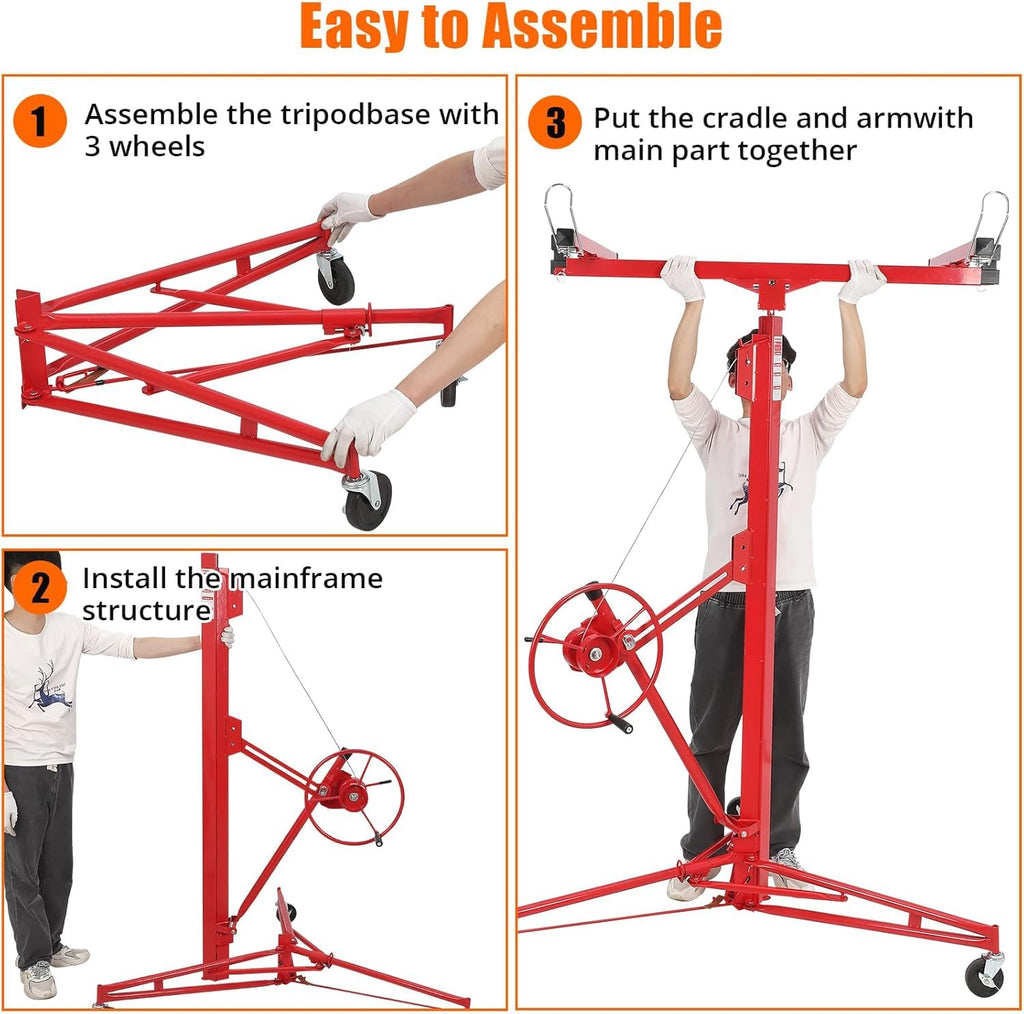 11 FT Drywall Lift Panel Rolling Hoist Jack Lifter, Sheetrock Lift Drywall Lift, Foldable Adjustable Drywall Jack Lift for Ceiling and Walls and Home Improvement, with 3 Lockable Wheels, Red