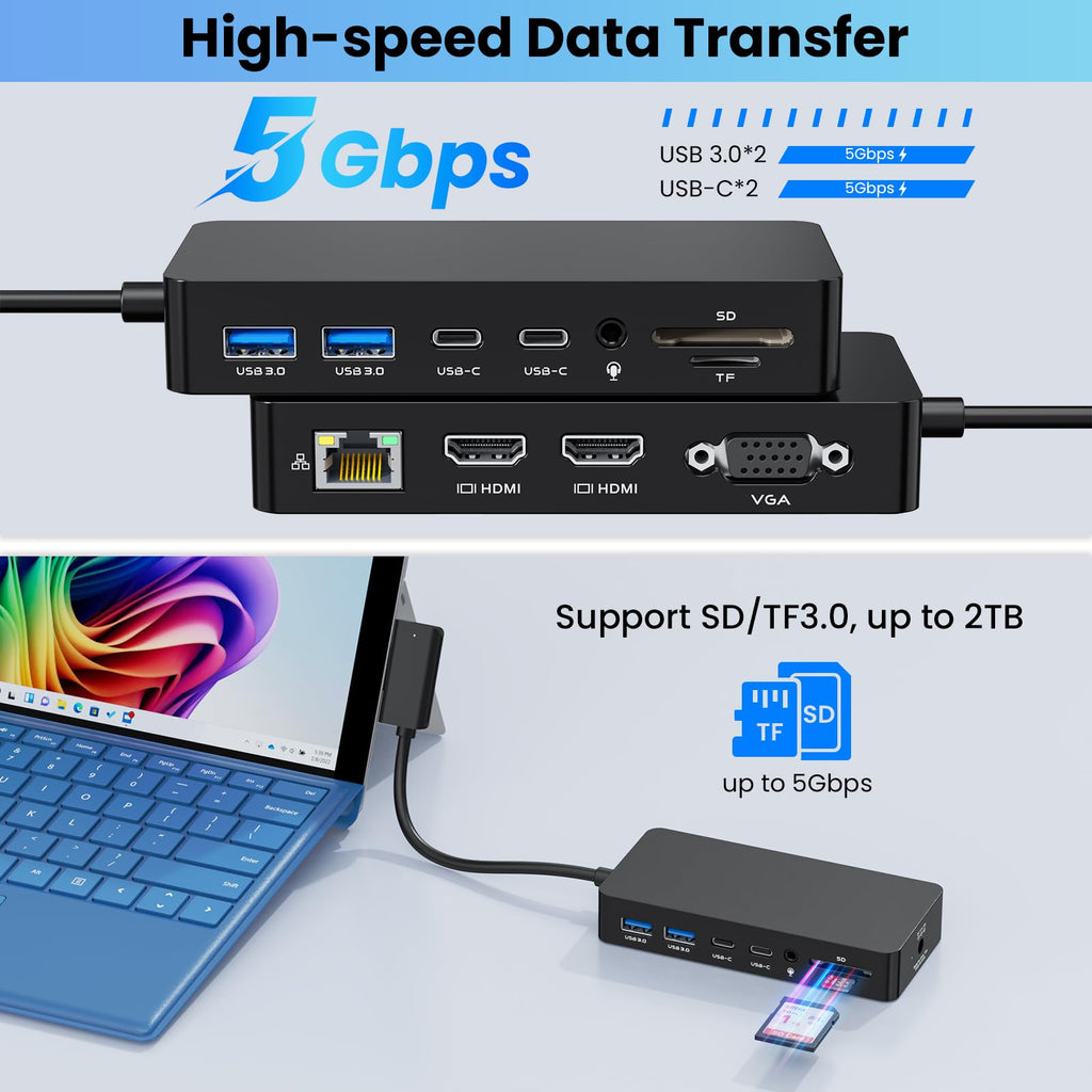 Surface Docking Station Triple Displays Dual 4K HDMI+VGA with Power Supply